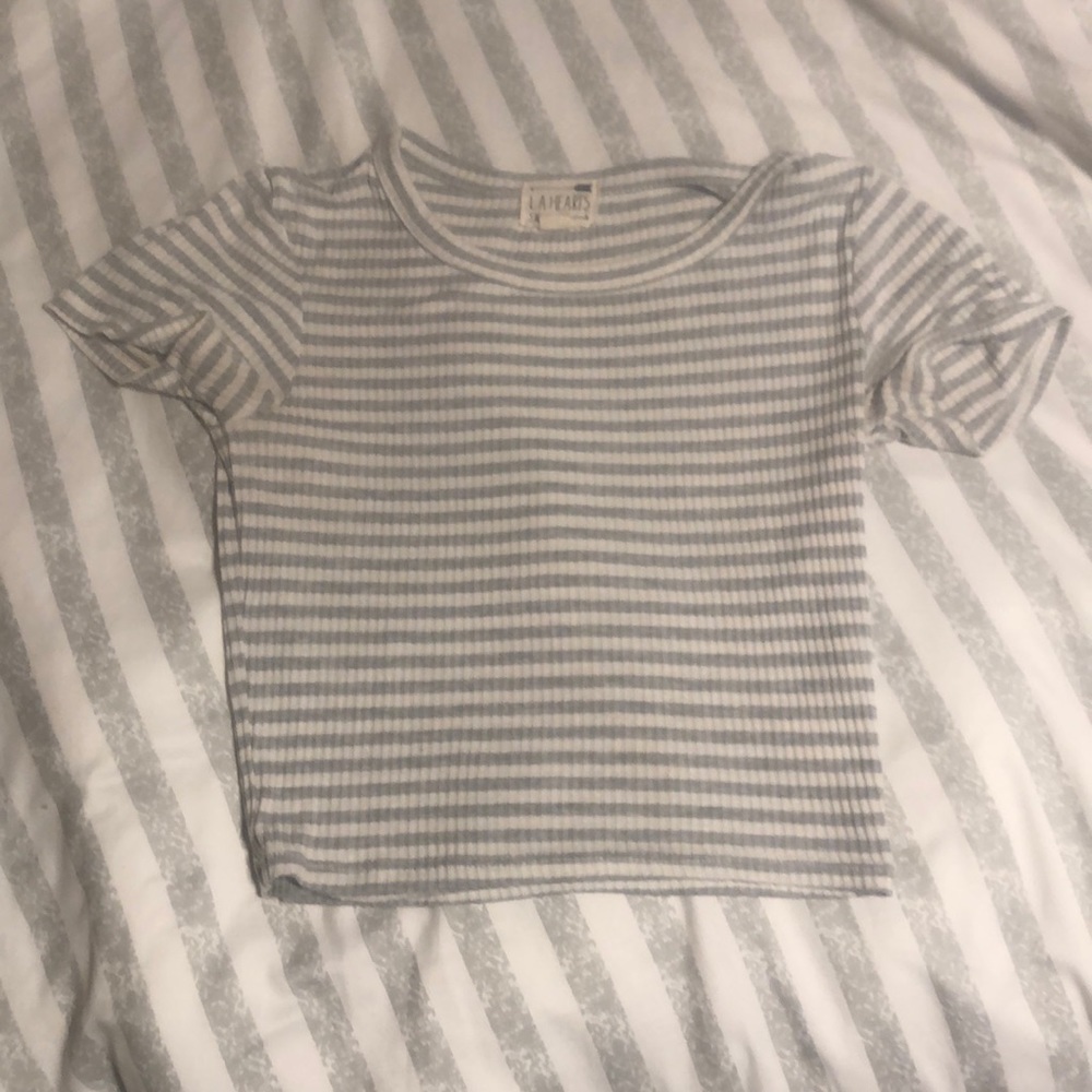 Grey and White Striped Cropped Tee